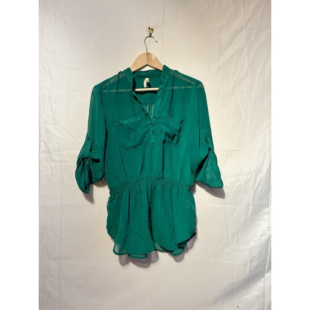 Truth Women’s Large Emerald Green Chiffon Smocked Waist Roll Tab Tunic Blouse